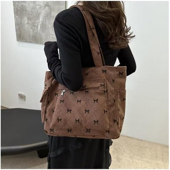 Corduroy Tote Bag for Women Large Shoulder Bag with Zipper Stylish and Practical - Picture 5 of 7